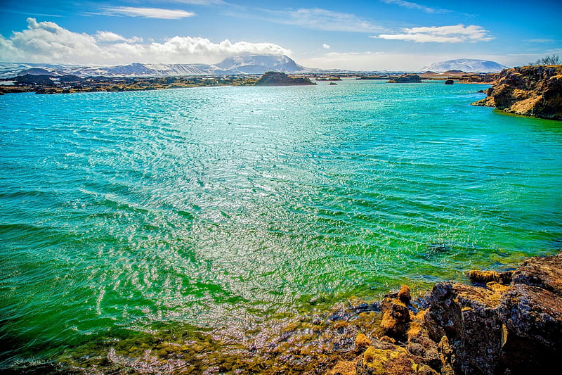 Lake Myvatn, Iceland, turquoise, rocks, green, mountains, morning view, bonito, clouds, lake, HD wallpaper