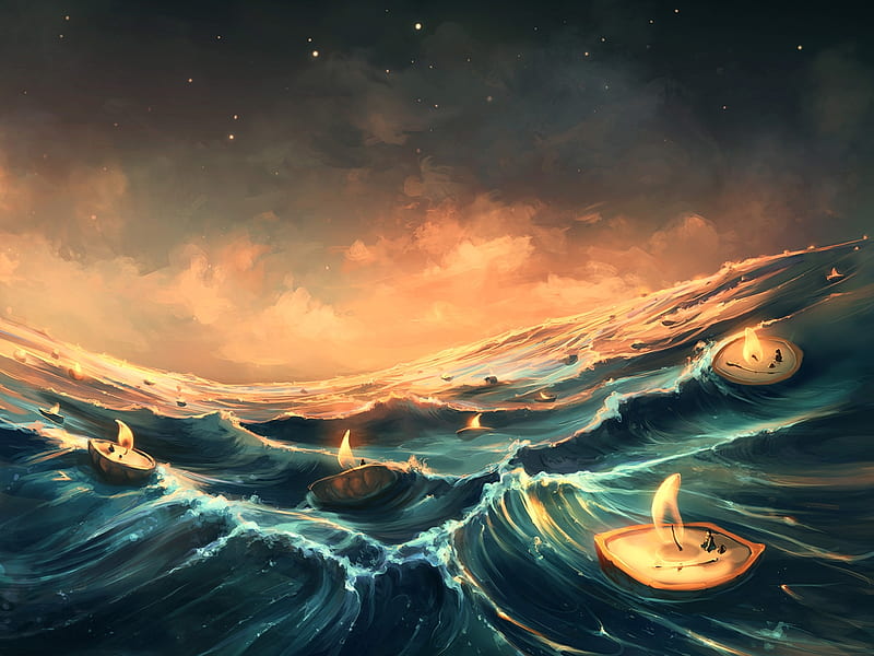 Refugees in a nutshell, candle, art, luminos, refugees, yellow, sea, wave, aquasixio, fantasy, water, light, blue, nutshell, HD wallpaper
