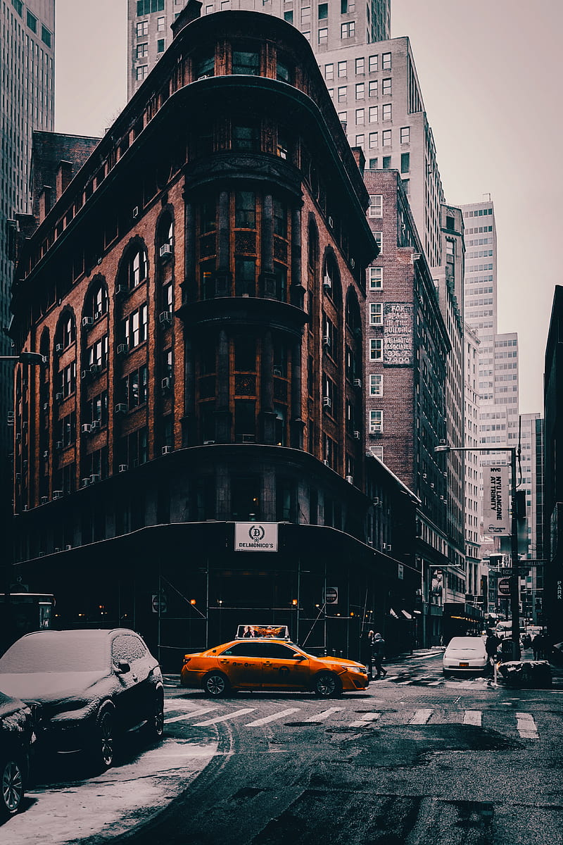 Snow city, rain, dark, smooth, taxi, clear, new york, street, HD phone wallpaper