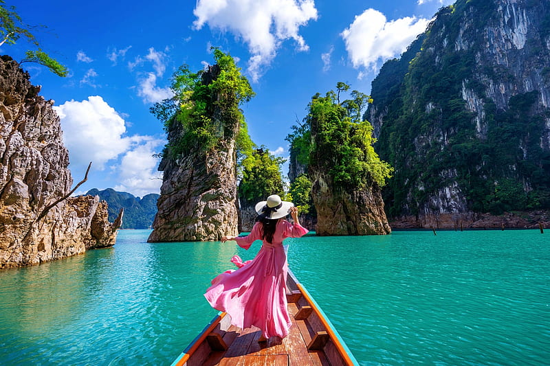 Thailand, Girl, Boat, Rocks, Bay, HD wallpaper