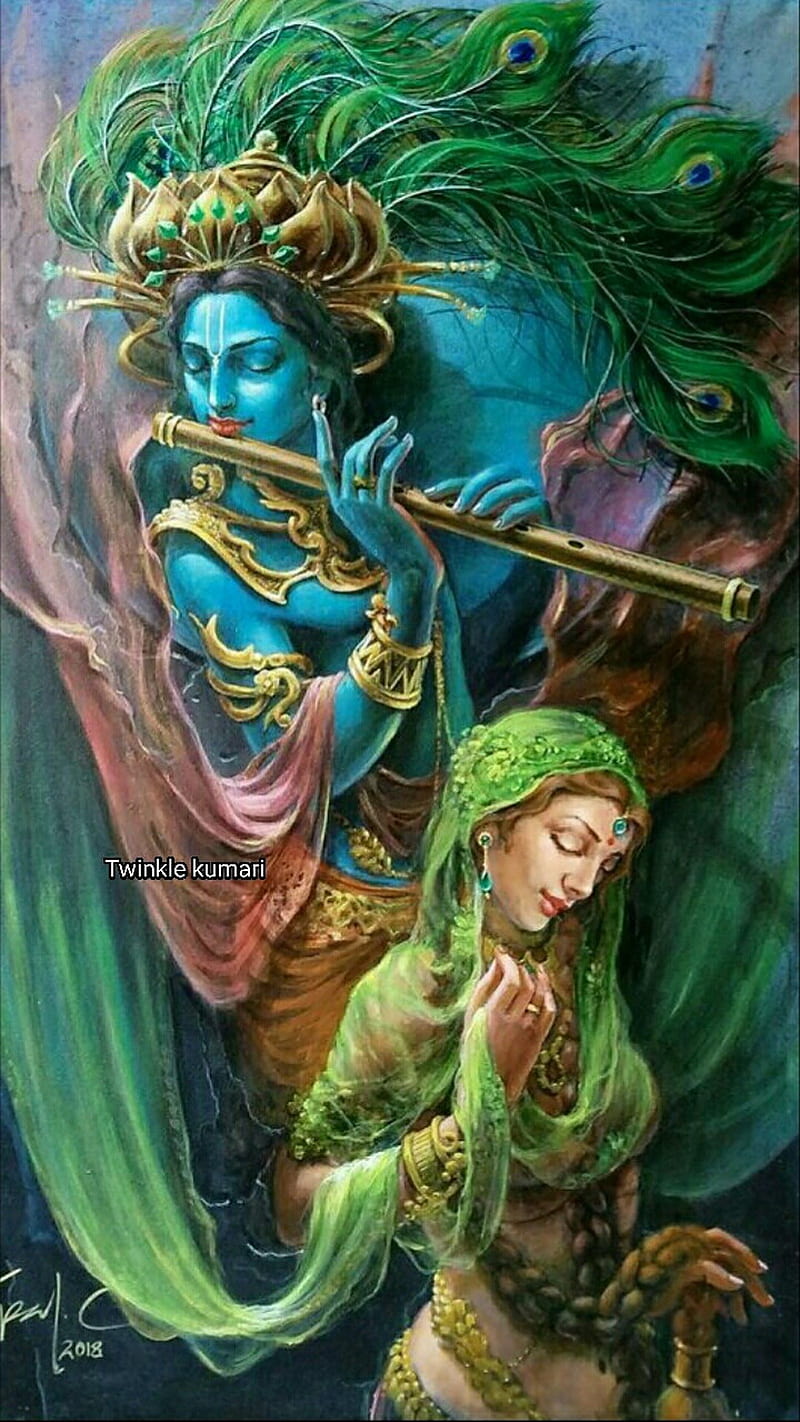 Radha krishna, art, colours, feather, flute, god, morpankh ...