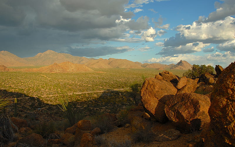 Desert Storm, high desert, rocks, monsoon, desert, mountains, boulders, storm, mohave, HD wallpaper