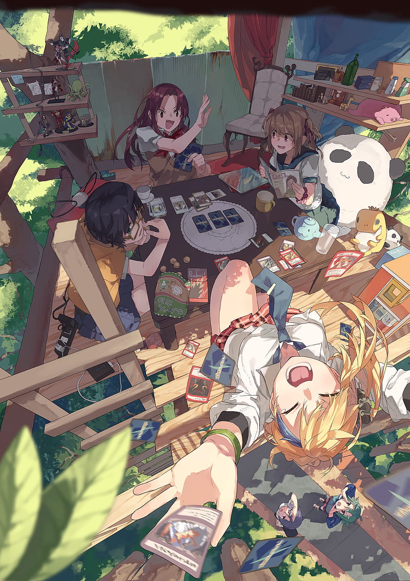 anime, anime girls, original characters, schoolgirl, cards, blonde, black hair, HD phone wallpaper