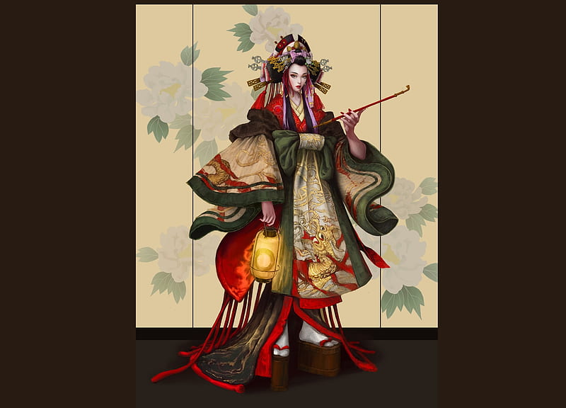 Geisha, lei jiang, red, art, frumusete, lantern, luminos, brown, fantasy, girl, green, pipe, HD wallpaper