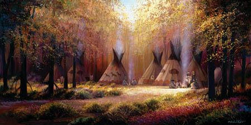 NATIVE AMERICAN. Autumn camp, tepee, autumn, native american, camp, HD wallpaper