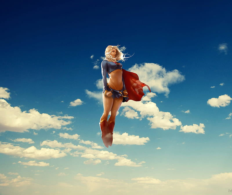 Super Girl Full , blue, comik, desenho, drawn, film, flying, hero, red, sky, HD wallpaper