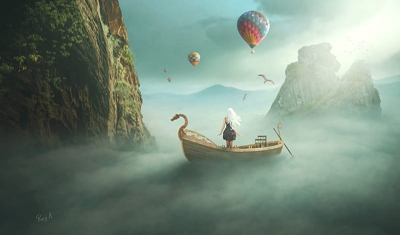 :), fantasy, cloud, boat, girl, luminos, hot air balloon, rafy a, creative, HD wallpaper