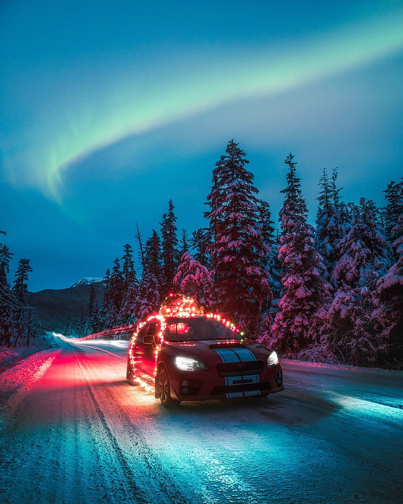 Subaru Sti Car Garlands Road Winter Night Hd Phone Wallpaper Peakpx