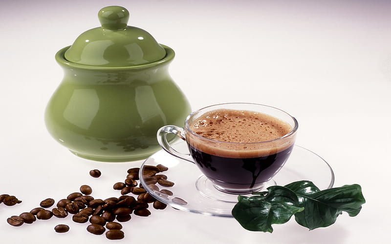 Fresh Coffee, leaves, coffee, saucer, beans, jar, froth, cup, HD wallpaper