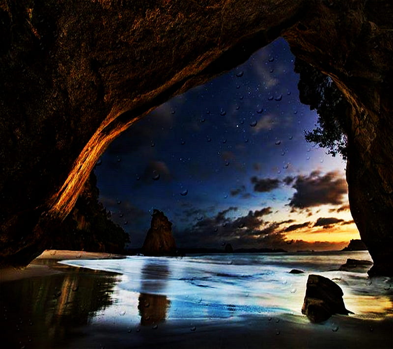 New Zealand, cathedral cove, night, HD wallpaper