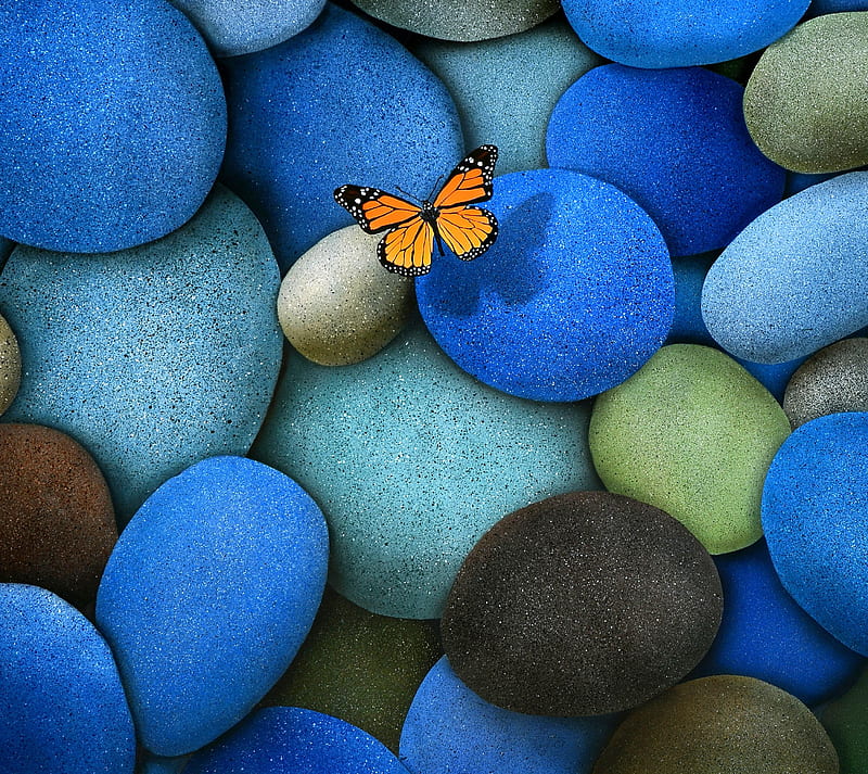 Stones, blue, butterfly, landscape, nature, pebbles, rocks, stone, HD wallpaper