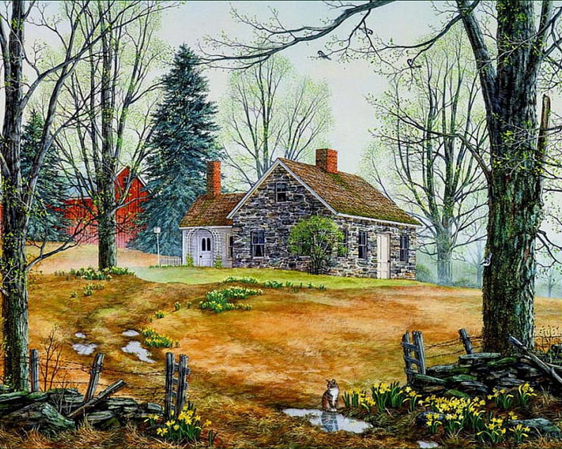 Little House, painting, house, country, trees, HD wallpaper