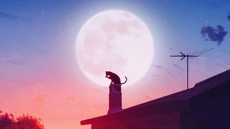 Cat Roof Big Moon , cat, artist, artwork, digital-art, HD wallpaper