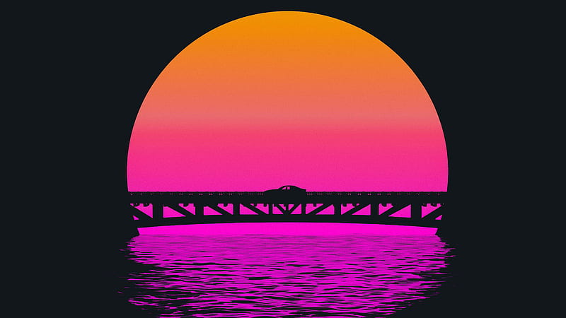 Dark Orange Pink Moon Bridge Above Water Synthwave, HD wallpaper