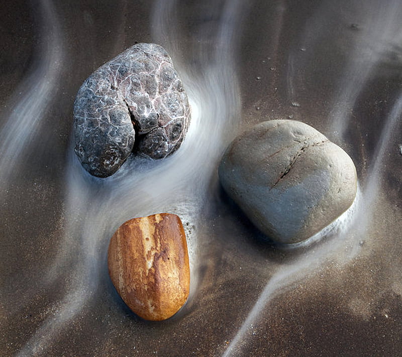 Stones, action, blur, pebbles, rocks, sand, water, white, HD wallpaper