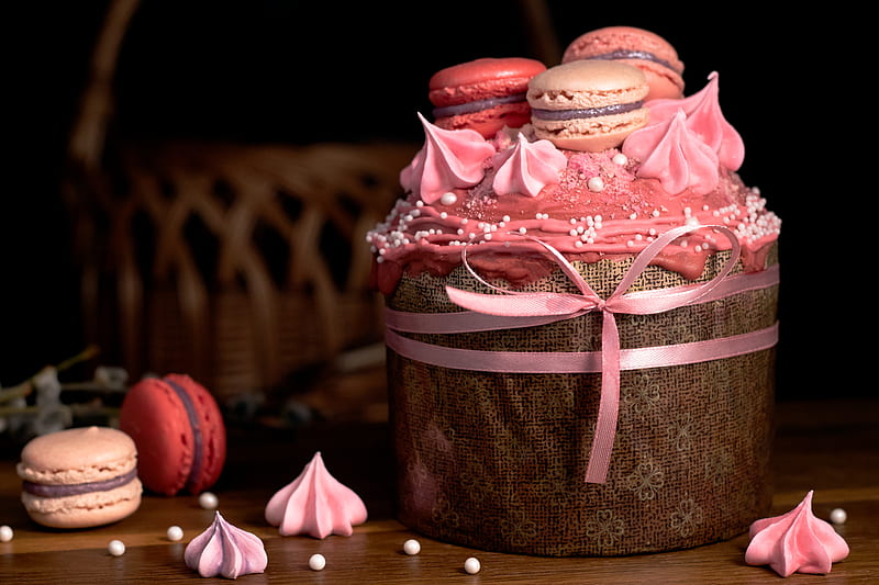 chocolate cake with pink and white ribbon on brown wooden table, HD wallpaper
