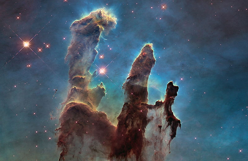 The Eagle Nebula’s Pillars of Creation, Eagle Nebula, Rust coloured elephants trunks of the nebulas famous pillars, Multicoloured gas clouds, Wispy tendrils of dark cosmic dust, Pillars of Creation, HD wallpaper