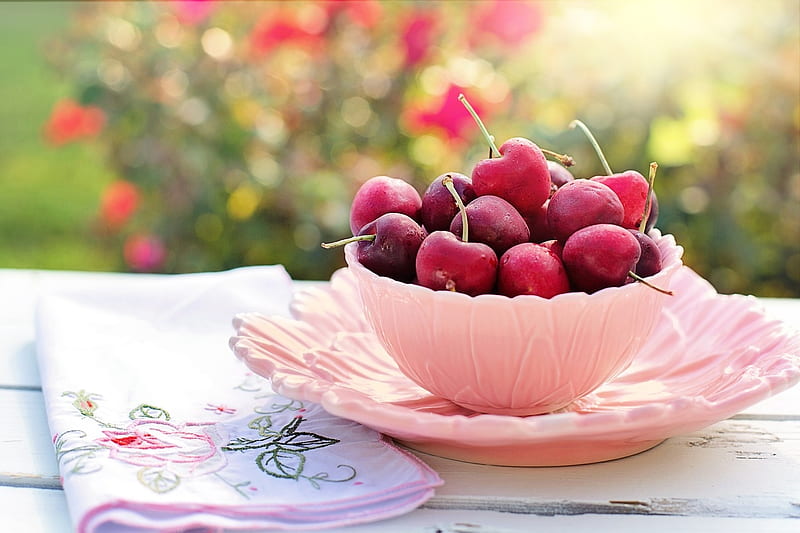 Bowl with Cherries, Bokeh, Bowl, Pink, Table, Cherries, HD wallpaper