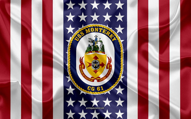 USS Monterey Emblem, CG-61, American Flag, US Navy, USA, USS Monterey Badge, US warship, Emblem of the USS Monterey, HD wallpaper