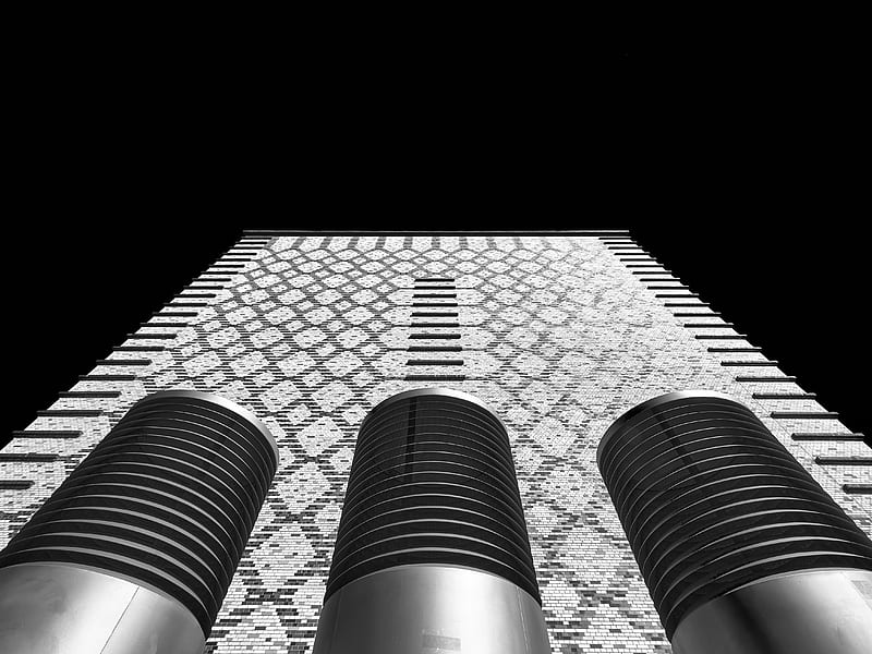 building, facade, pipes, bottom view, black and white, HD wallpaper
