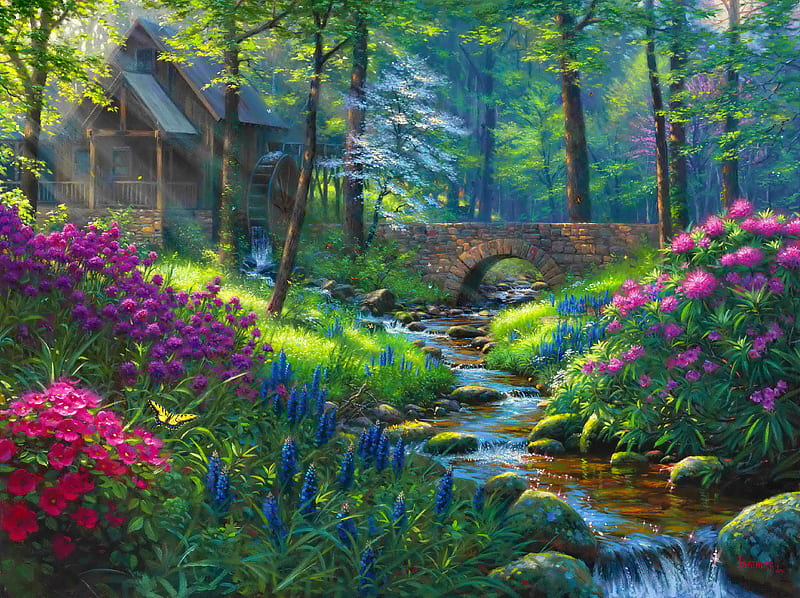 Spring renewal, pretty, forest, art, lovely, greenery, renewal, creek, bonito, spring, bridge, wildflowers, HD wallpaper