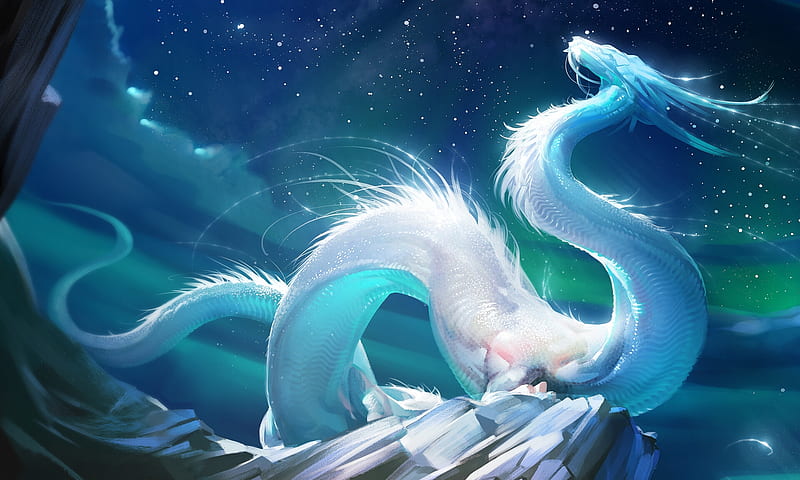 White dragon, dragon, white, blue, vera velichko, fantasy, luminos, HD wallpaper