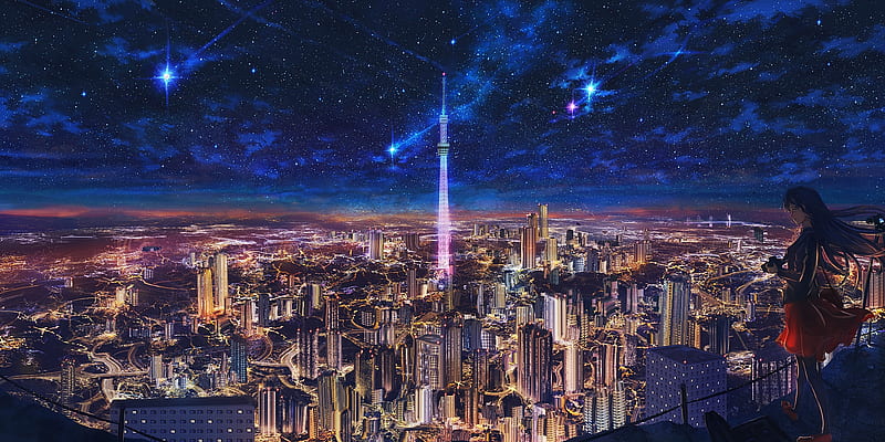 Anime japanese city at night 4k computer wallpaper