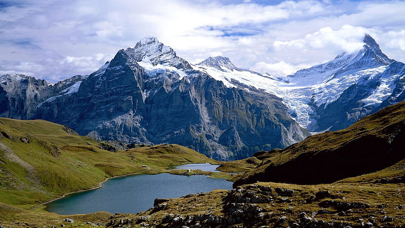 Swiss mountains and lake, Grass, Lakes, Mountain, Switzerland, Mountains, Lake, Snow, Rocks, Swiss, HD wallpaper