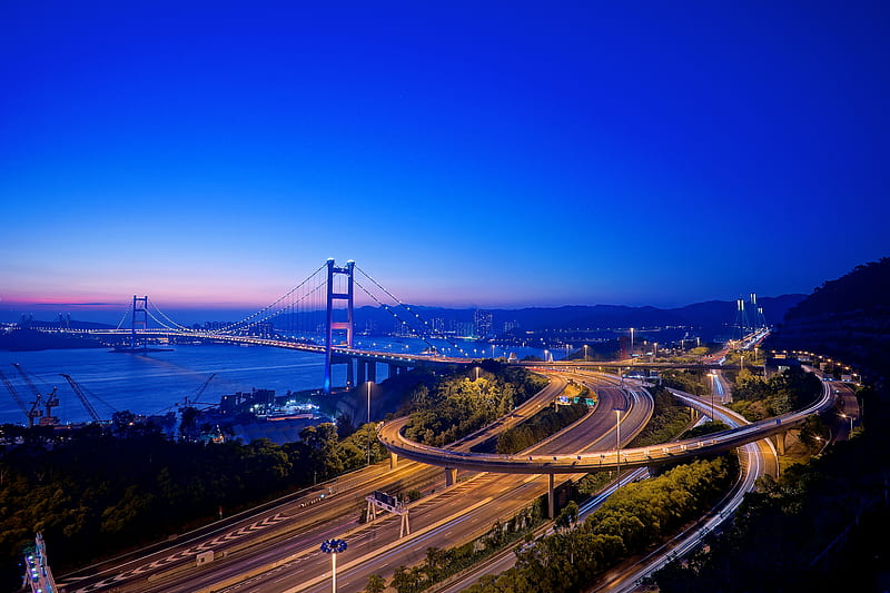 road, bridge, coast, night city, hong kong, HD wallpaper