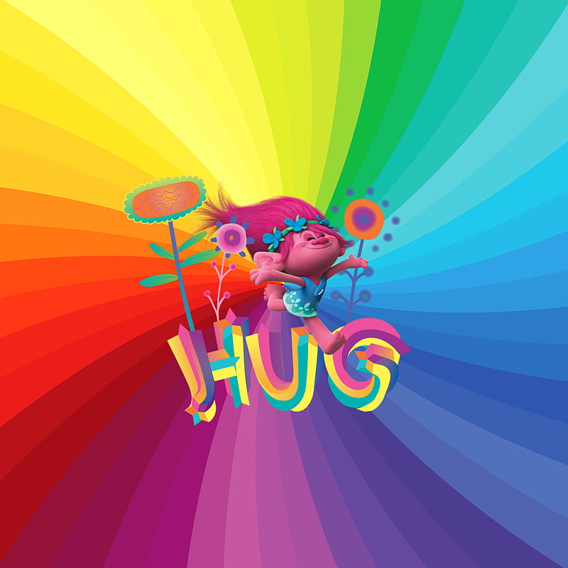Hugs from Poppy, Trolls, colorful, cute, dreamworks, flower, friendship, fun, movie, rainbow, HD phone wallpaper