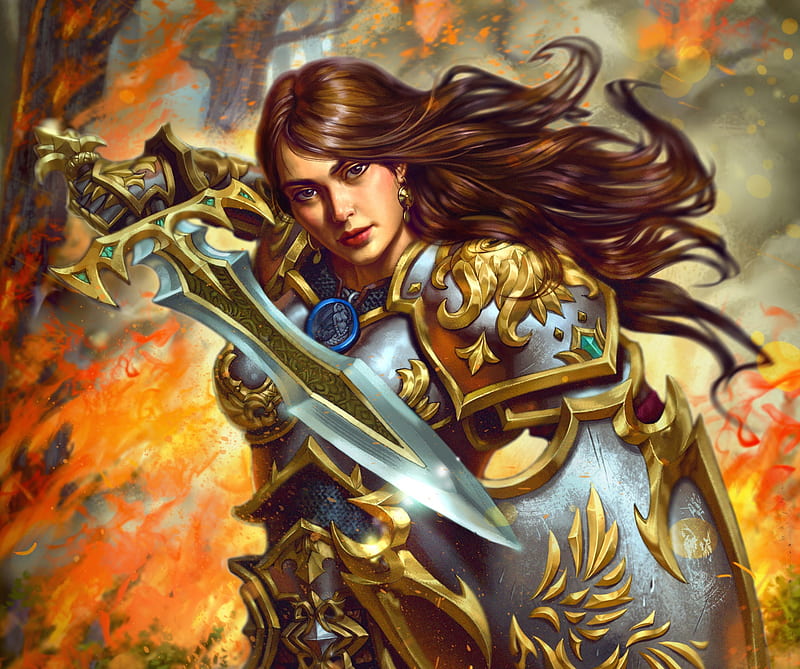 Warrior girl, stepan gilev, warrior, fantasy, luminos, shield, yellow, anastaria, sword, HD wallpaper