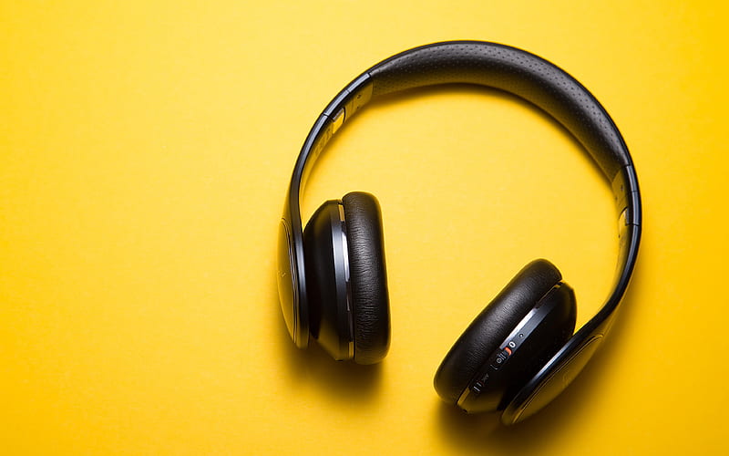 headphones, music concepts, headphones on a yellow background, HD wallpaper