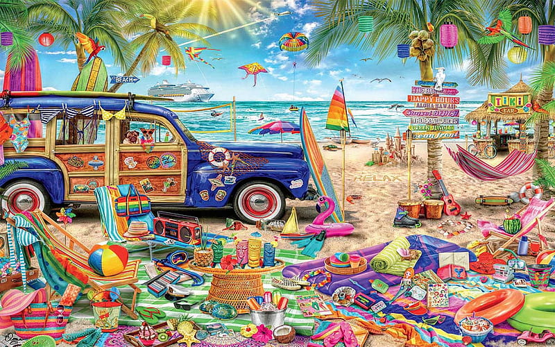 Beach Vacation, ship, car, utensils, birds, chairs, hammock, palms, sea, painting, HD wallpaper