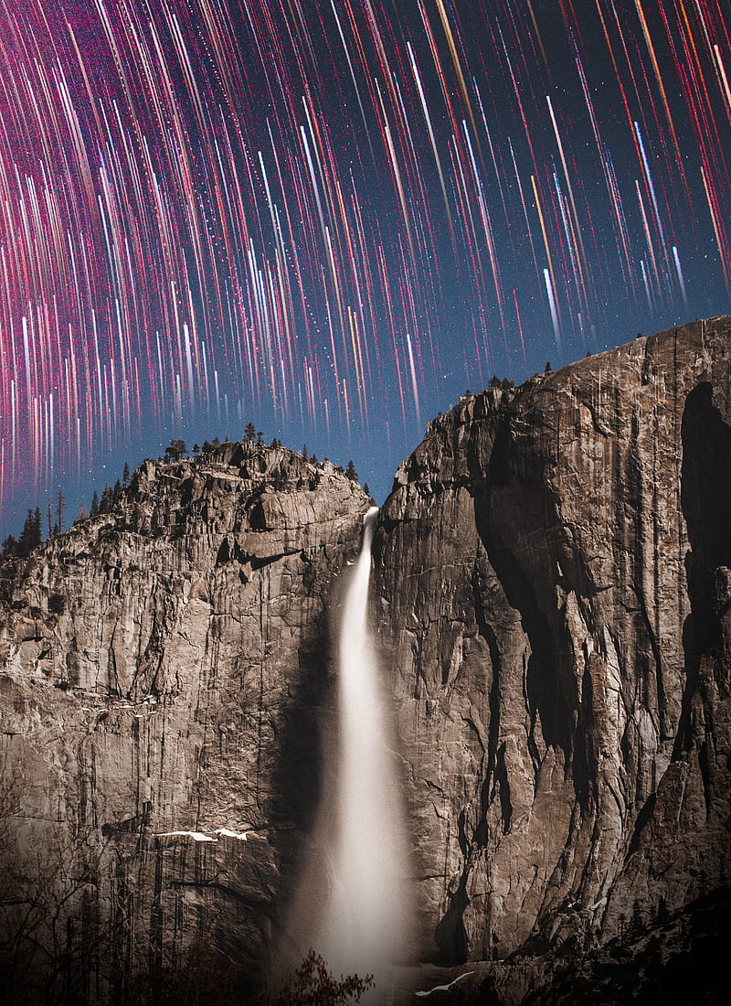 rock, cliff, waterfall, starry sky, long exposure, stone, HD phone wallpaper
