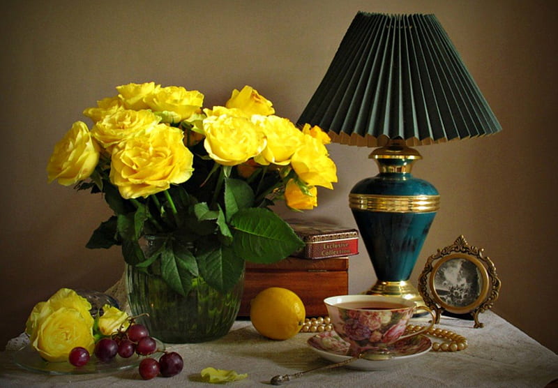 Still Life, with love, rose, fruits, yellow, vase, box, bonito, cup of tea, tea, grapes, graphy, flowers, beauty, yellow rose, for you, lamp, lovely, romantic, romance, roses, lemon, yellow roses, bouquet, tea time, cup, stil life, nature, petals, HD wallpaper