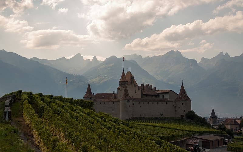 Castles, Mountain, Alps, Switzerland, Vineyard, , Castle, Aigle Castle, HD wallpaper