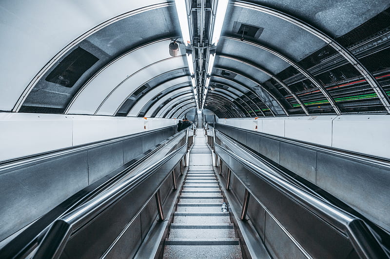 escalator, tunnel, metro, gray, HD wallpaper