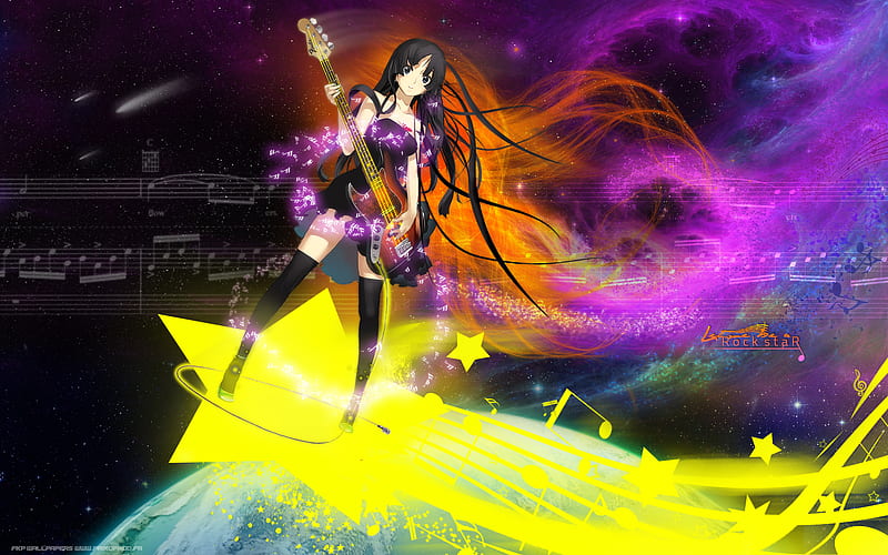 Let me be a star, dress, space, akiyama mio, fantasy, anime, color, note, hot, anime girl, star, light, k on, instrutment, mio, female, comet, gitar, music note, diva, singer, sexy, abstract, cute, shooting star, girl, universe, music instrument, idol, HD wallpaper