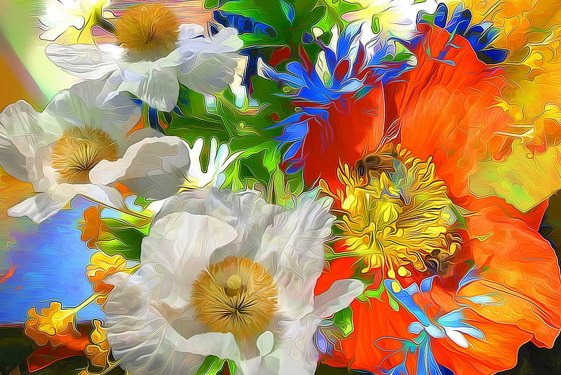Flowers, poppy, art, orange, texture, painting, flower, white, pictura, blue, HD wallpaper