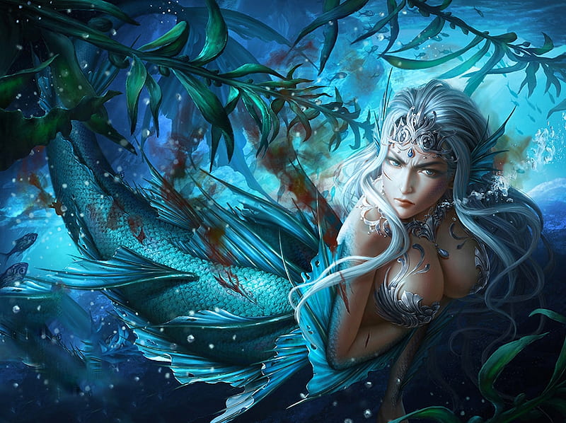 Deepsea Siren, fantasy, girl, digital, mermaid, sire, art, pretty, woman, blue, HD wallpaper