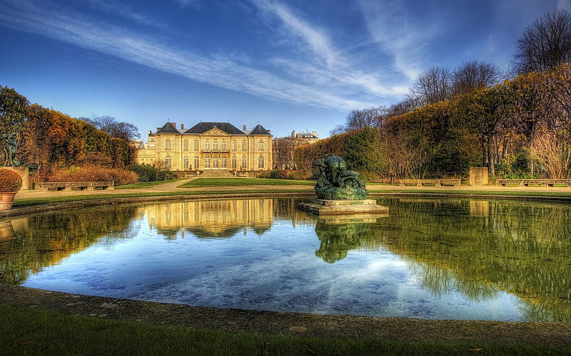 bonito, architecture, fountain, house, grass, houses, trees, sky, clouds, lake, water, statue, france, mansion, nature, alley, HD wallpaper
