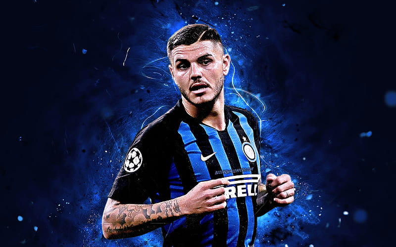Icardi, close-up, Internazionale FC, striker, argentine footballers, Serie A, Mauro Icardi, football, soccer, Italy, neon lights, Inter Milan FC, HD wallpaper
