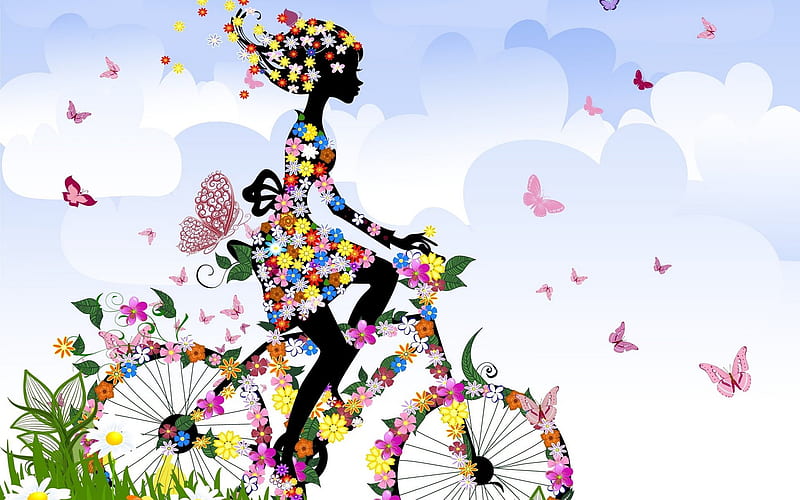 Abstract spring, art, bike, flowers, girl, patterns, HD wallpaper