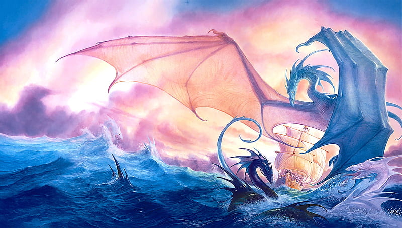 Dragons Dancing, art, ship, sailship, sky, sea, HD wallpaper