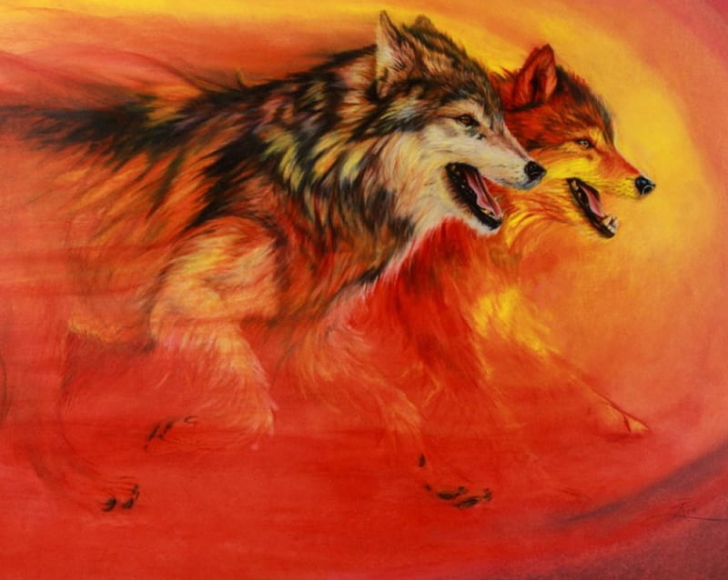Wolves, red, artist, art, yellow, animal, painting, wolf, couple, fur, dog, HD wallpaper