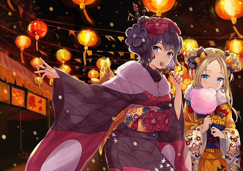Festival, lantern, girl, anime, manga, lolita, kimono, night, HD wallpaper
