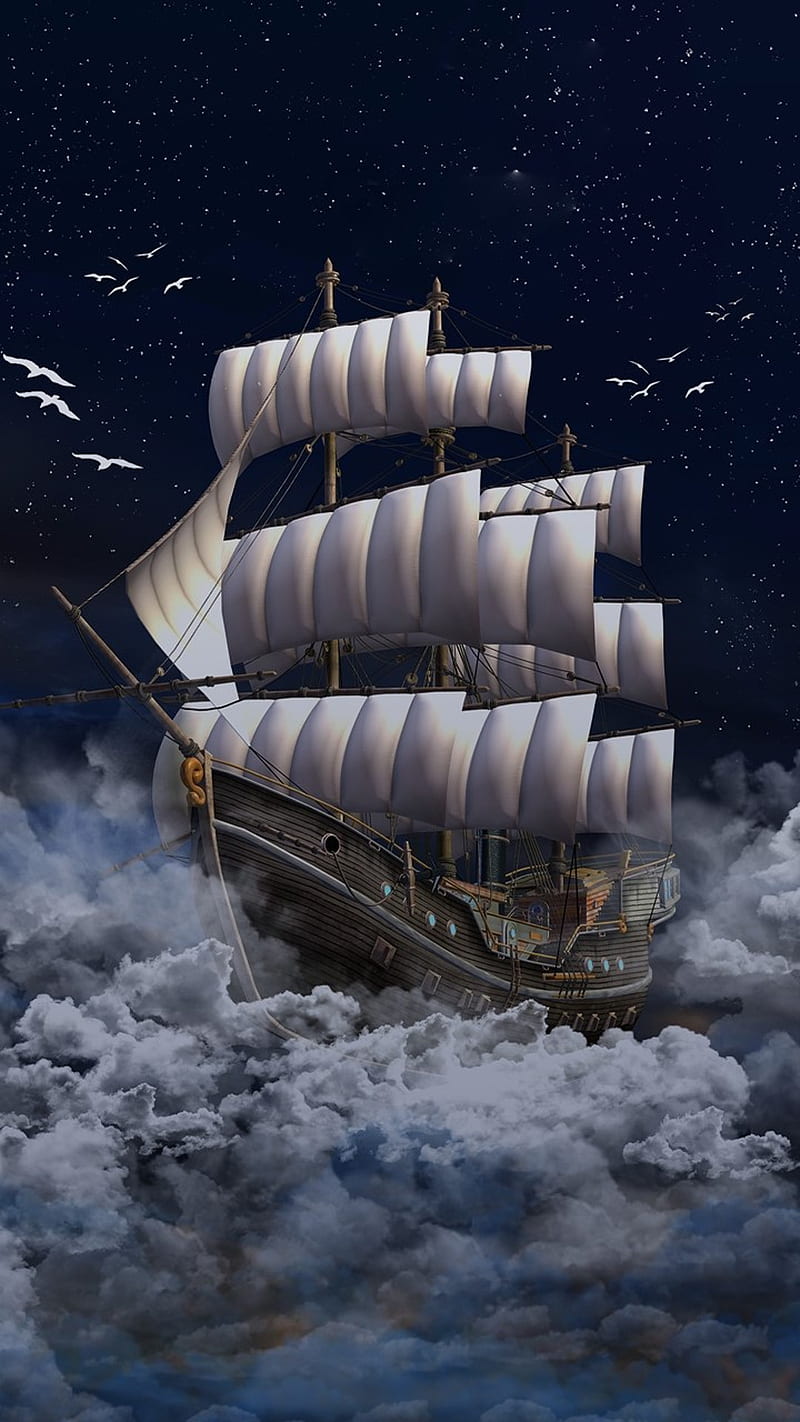 Ship of dreams, sails, sea, ship, storm, tallship clouds, HD phone wallpaper