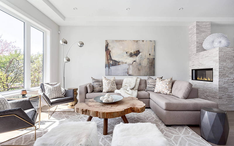white stylish living room, fireplace, modern interior design, gray sofa, cozy interior, living room, stylish interior, HD wallpaper