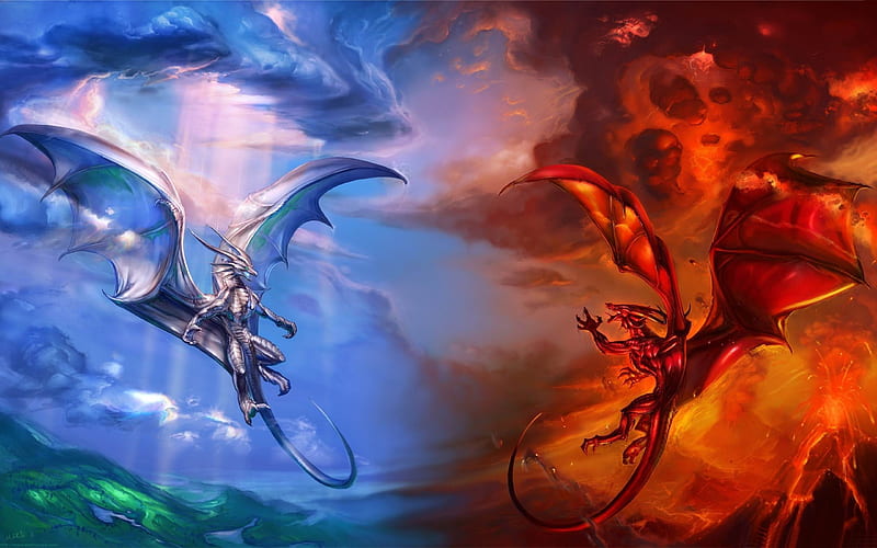 ice dragon vs fire dragon-World of fantasy art design, HD wallpaper