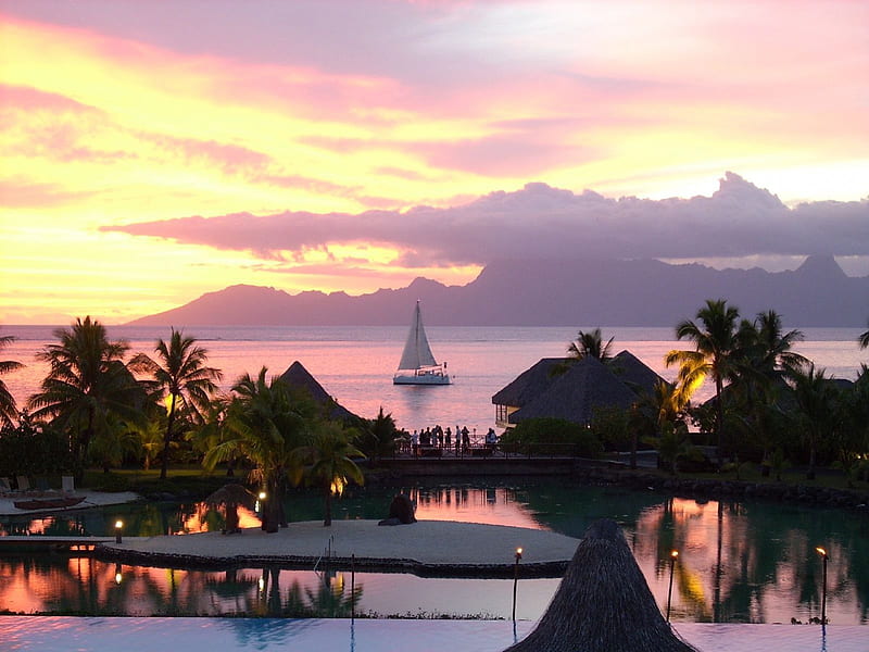 Tahiti at Night - Sunset, resort, polynesia, islands, exotic, sun, ocean, dusk, sunset, set, sea, beach, paradise, evening, island, tahiti, tropical, HD wallpaper
